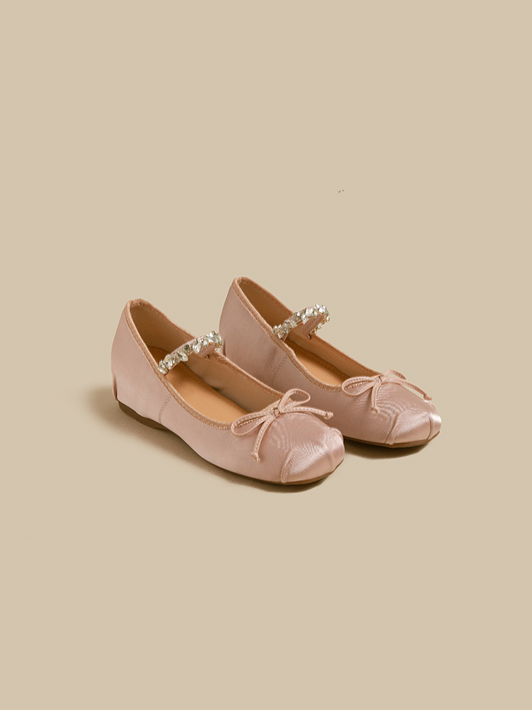 Satin Ballet Flats with Rhinestone Bow