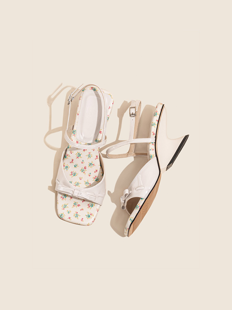 Floral Wedge Sandals with Bow & Block Heel