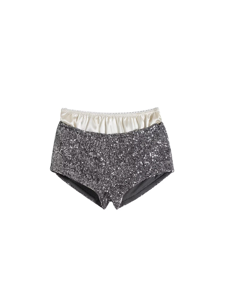 Fashion Sequin Two-Piece Satin Colorblock Mini Shorts with Base Layer