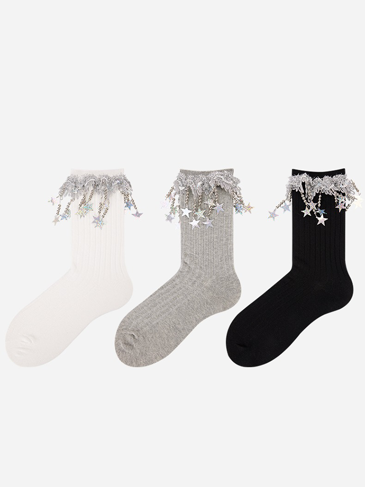 Sequin Star Tassel Mid-Calf Slouch Socks