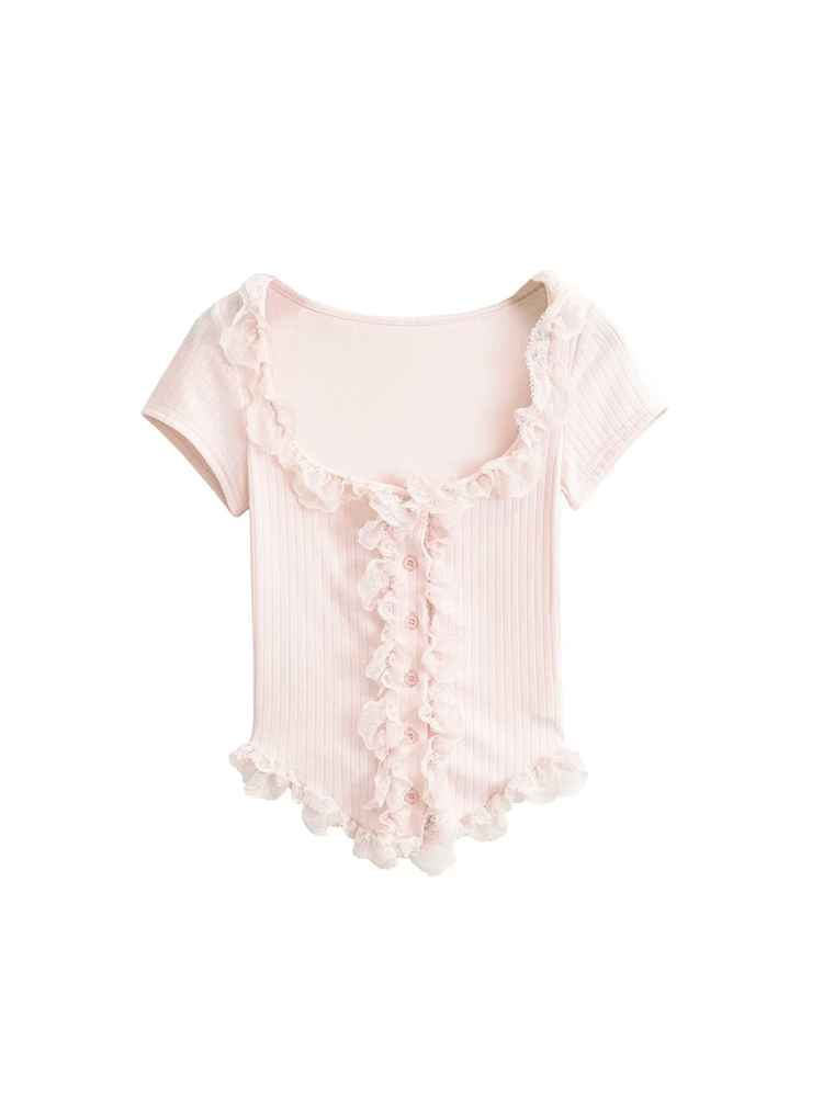 Lace Trim Button-Up Cropped Shirt