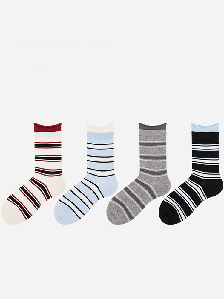 Striped Contrast Cuff Cotton Crew Socks