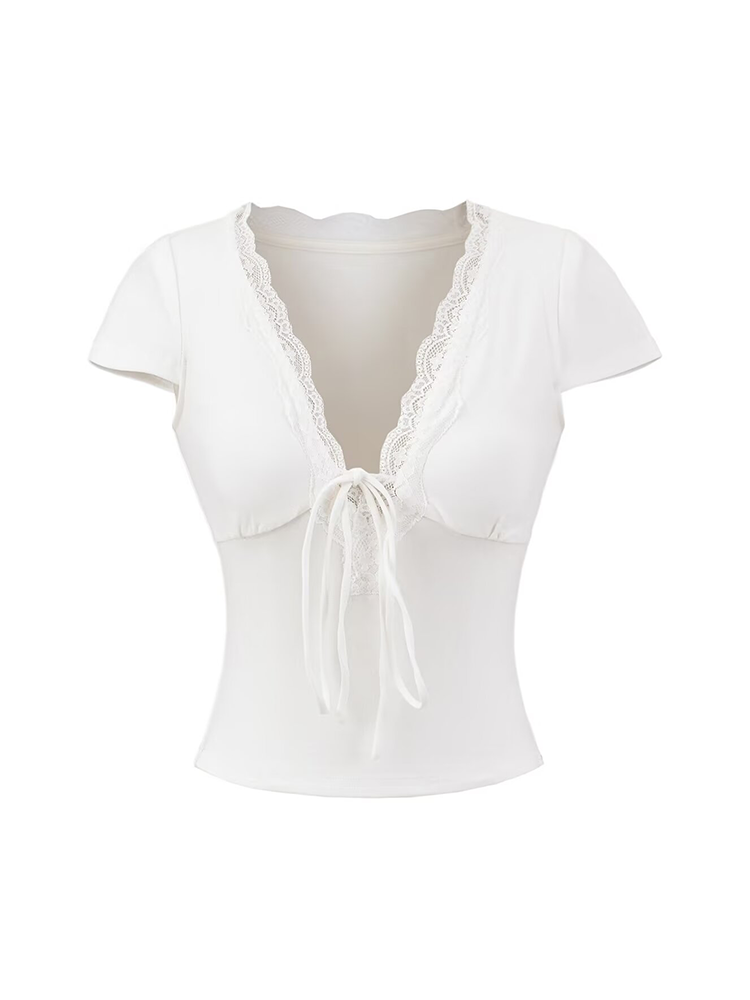 Lace Trim Tie-Front Deep V T-Shirt