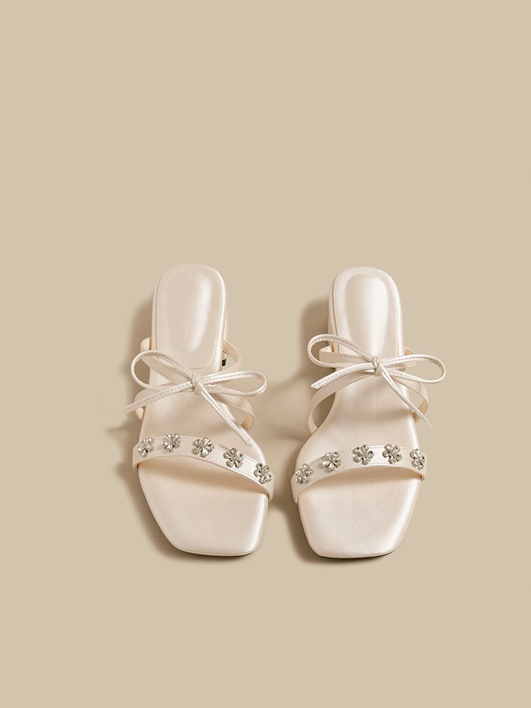Bow Rhinestone Block Heel Sandals
