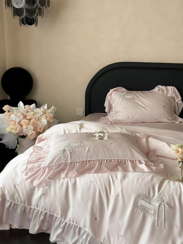 French Sweet Tencel Bedding Set Embroidered Silky Lace Summer Flat Sheet