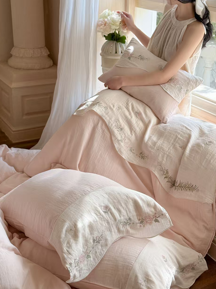 Fresh Pink Cotton Gauze Bedding Set Embroidered Soft Flat Sheet