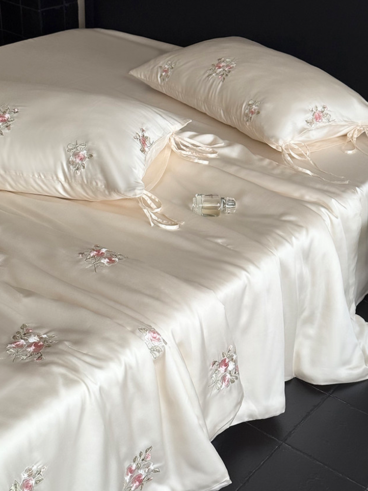 Pink Cotton Bedding Set Princess Rose Embroidered Flat Sheet
