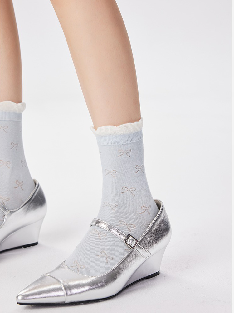 White Bow Mesh Balletcore Mid-Calf Socks