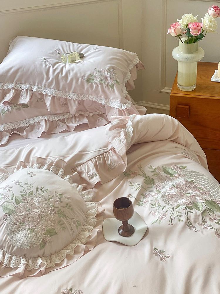 French Romantic Long Staple Cotton Bedding Set Princess Lace Flat Sheet