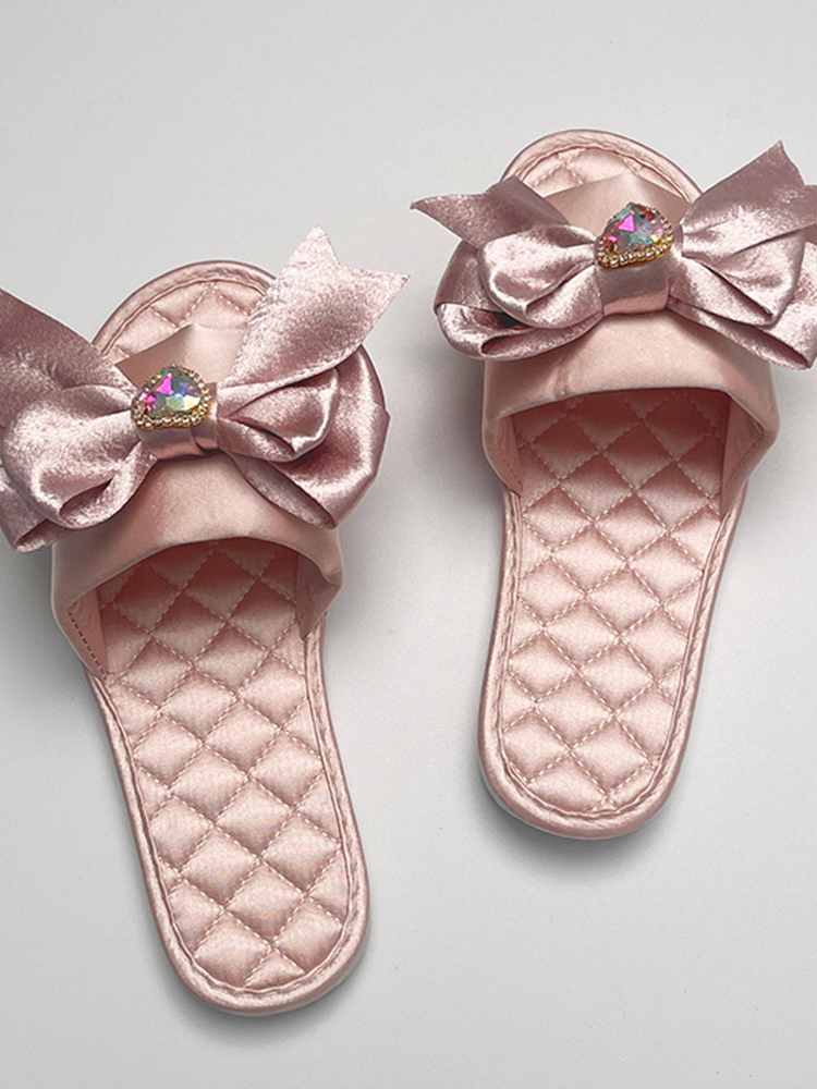 Romantic Satin House Slippers Champagne Pink Soft Non Slip