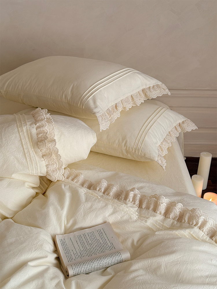 Light Luxury Washed Cotton Bedding Set Elegant Lace Flat Sheet
