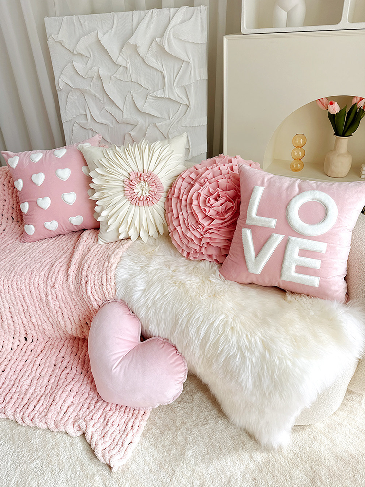 French Pink Velvet Decorative Pillow Cute Accent Cushion