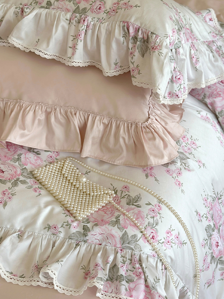 French Floral Cotton Bedding Set Romantic Lace Flat Sheet