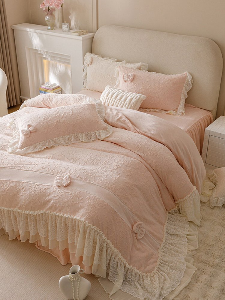 French Winter Ultra Soft Plush Fleece Bedding Set Lace Princess Bed Skirt