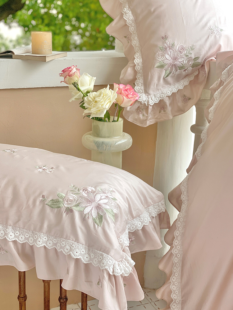 French Romantic Long Staple Cotton Bedding Set Princess Lace Flat Sheet