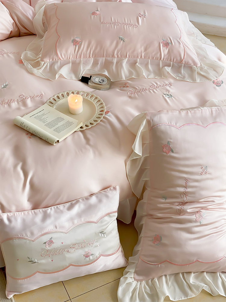 Luxury Tencel Bedding Set Cooling Silky Lace Flat Sheet