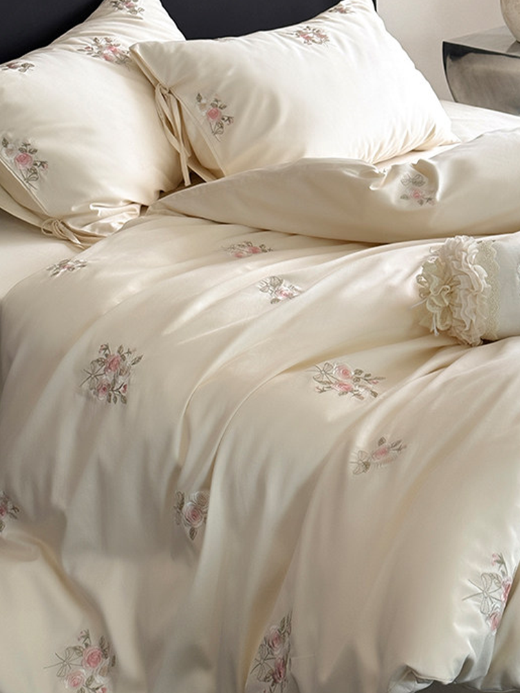 Pink Cotton Bedding Set Princess Rose Embroidered Flat Sheet