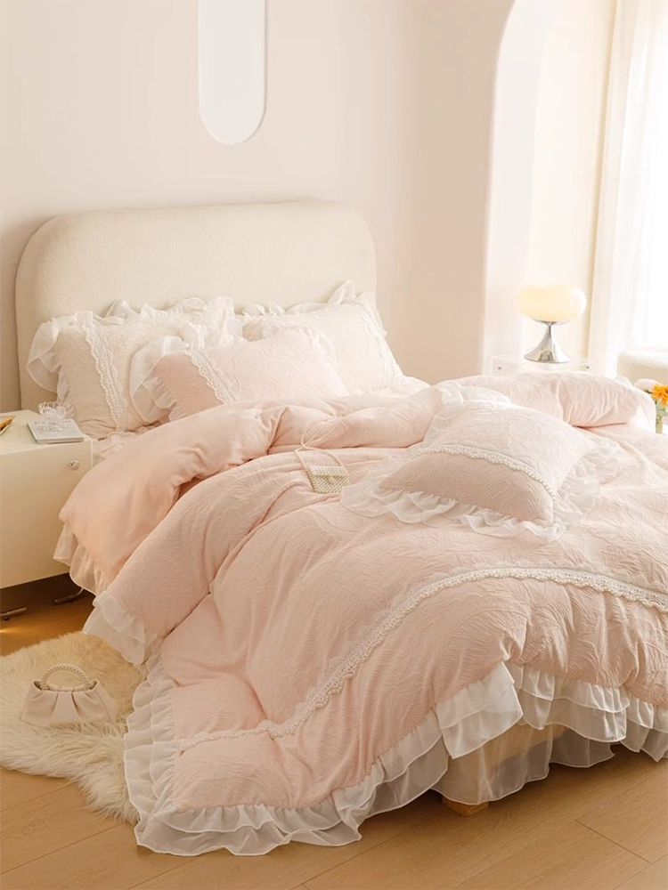 French Romantic Ultra Soft Plush Fleece Bedding Set Lace Princess Bed Skirt