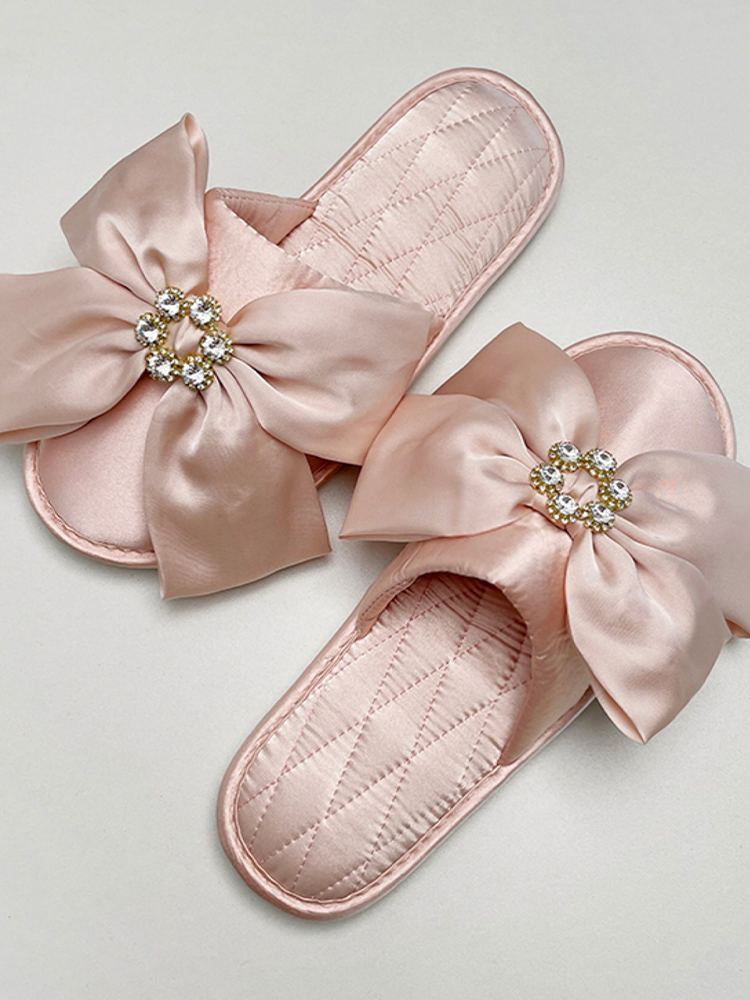 Luxury Rhinestone Bow Satin Closed-Toe House Slippers