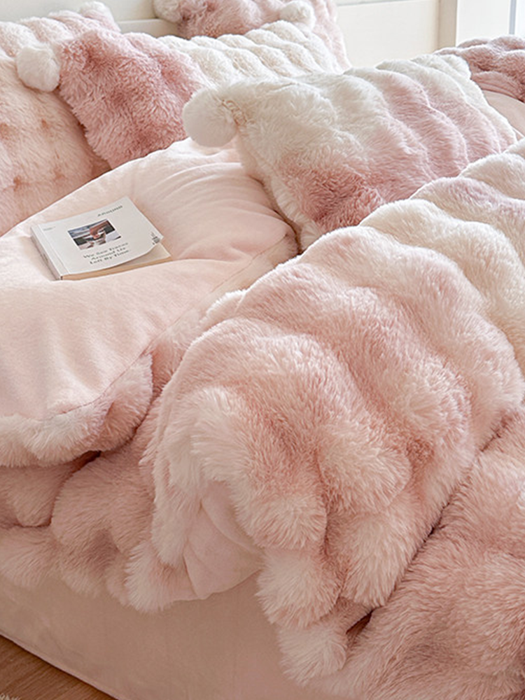 Minimalist Winter Faux Rabbit Fur Bedding Set Flat Sheet