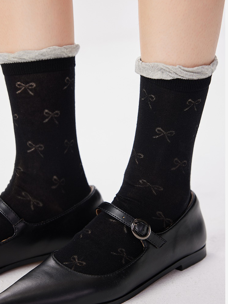 White Bow Mesh Balletcore Mid-Calf Socks