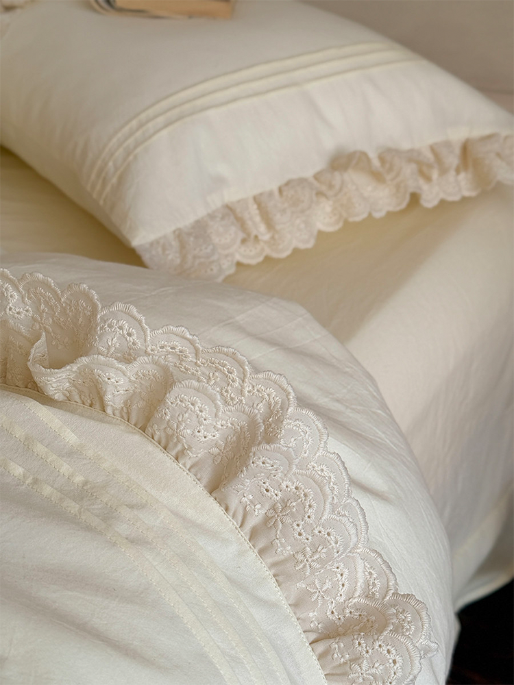 Light Luxury Washed Cotton Bedding Set Elegant Lace Flat Sheet