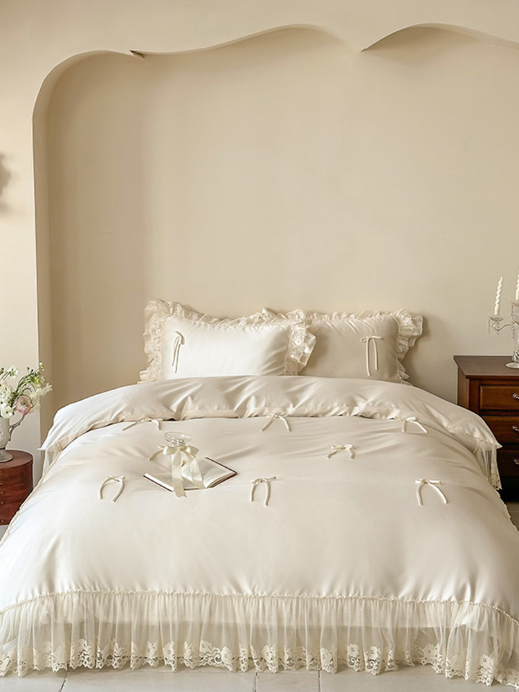 Tencel Cotton Blend Bedding Set Handcrafted Bow Lace Flat Sheet