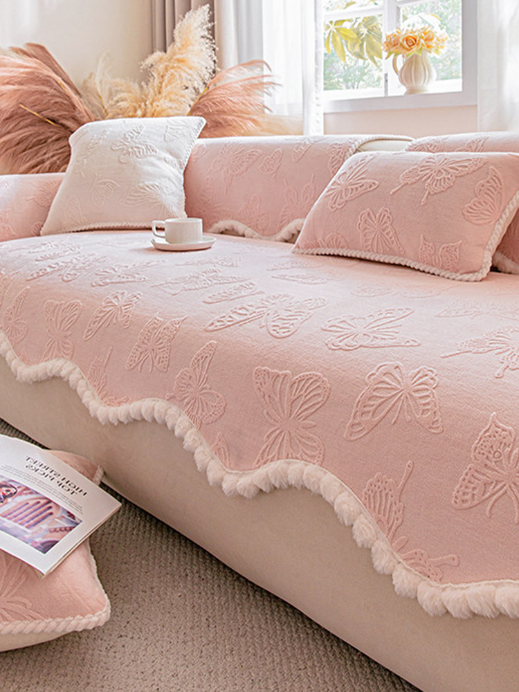 Pink Plush Non Slip Sofa Cover Winter Thickened