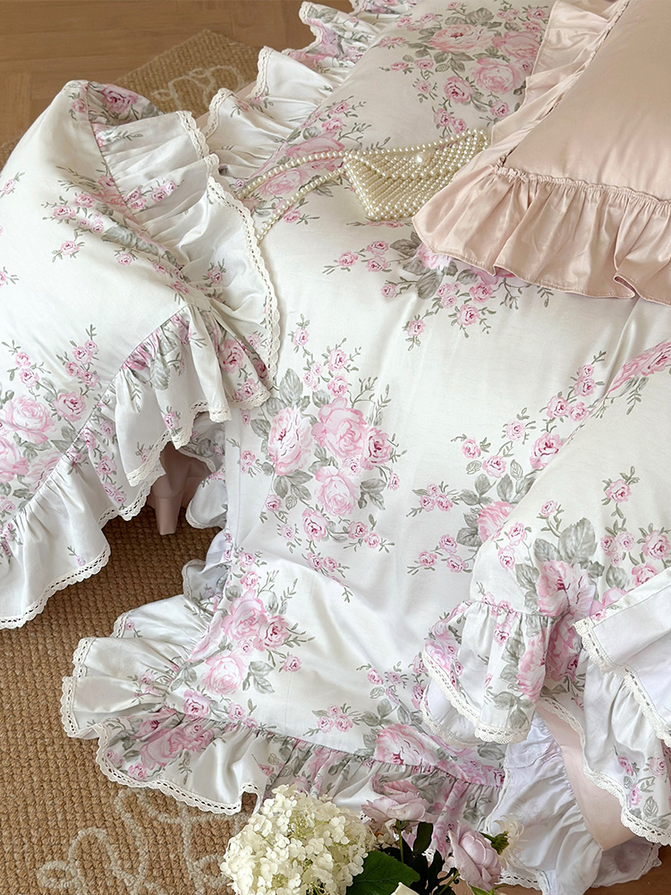 French Floral Cotton Bedding Set Romantic Lace Flat Sheet
