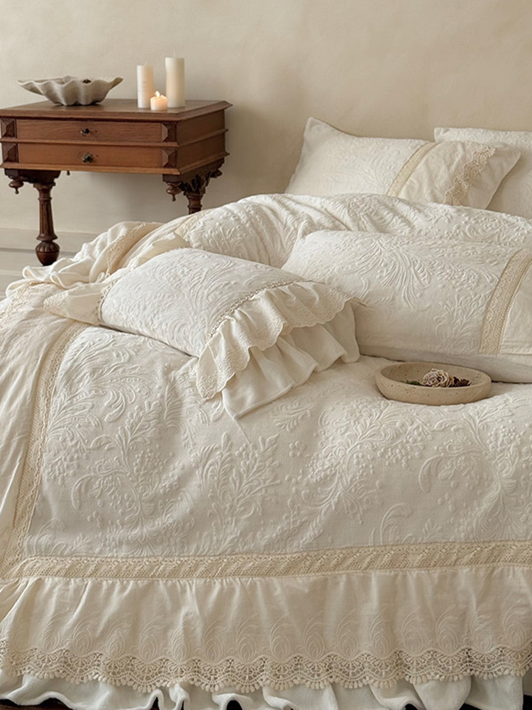 French Winter Ultra Soft Plush Fleece Bedding Set Carved Cream Lace Fitted Sheet