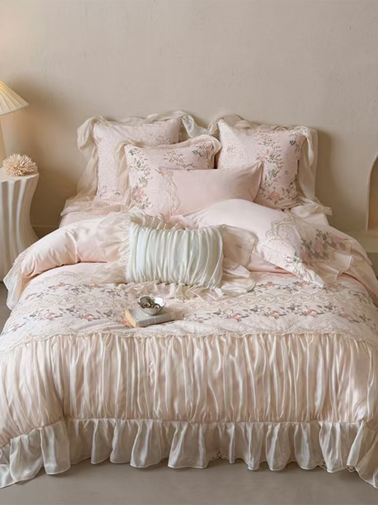 French Cotton Bedding Set Embroidered Lace Princess Rose Flat Sheet