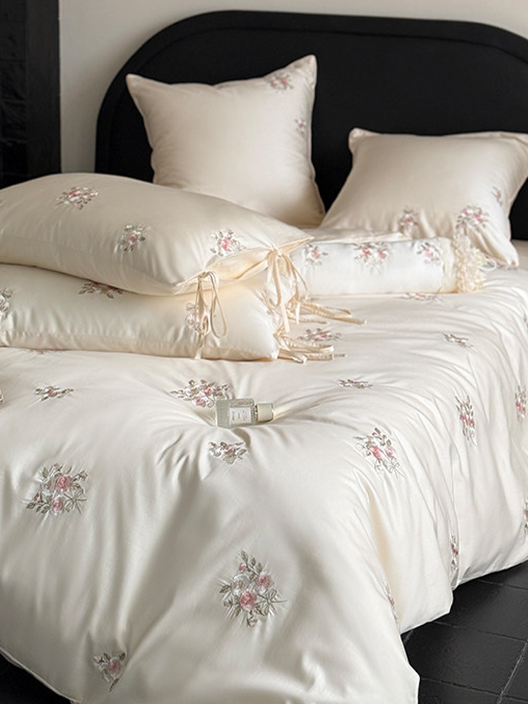 Pink Cotton Bedding Set Princess Rose Embroidered Flat Sheet