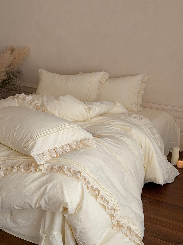 Light Luxury Washed Cotton Bedding Set Elegant Lace Flat Sheet