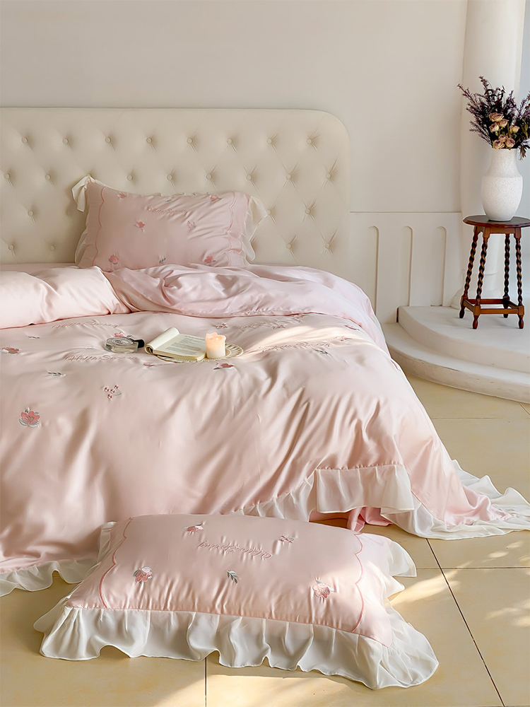 Luxury Tencel Bedding Set Cooling Silky Lace Flat Sheet