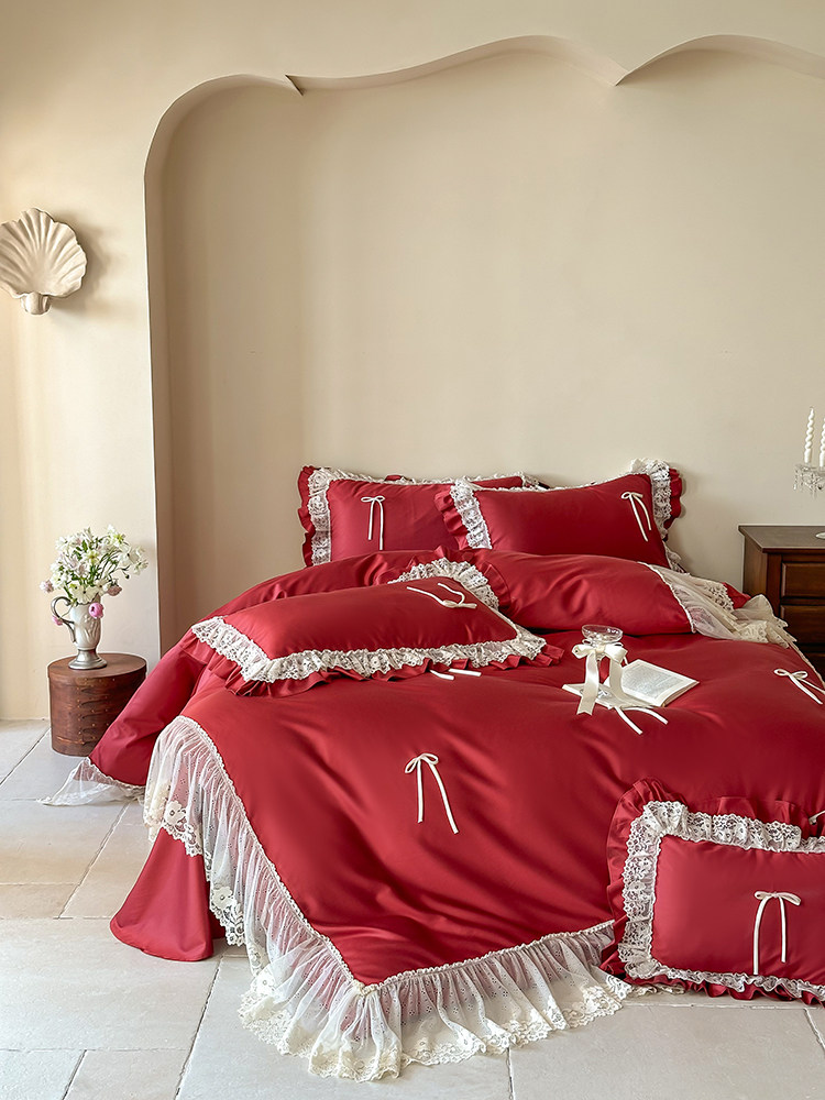 Tencel Cotton Blend Bedding Set Handcrafted Bow Lace Flat Sheet