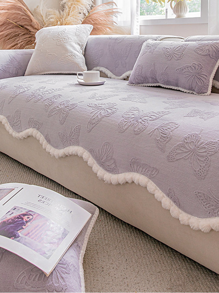 Pink Plush Non Slip Sofa Cover Winter Thickened