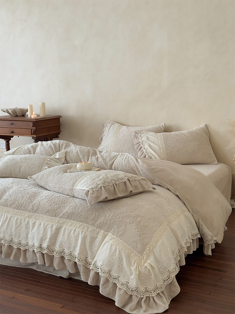 French Winter Ultra Soft Plush Fleece Bedding Set Carved Cream Lace Flat Sheet
