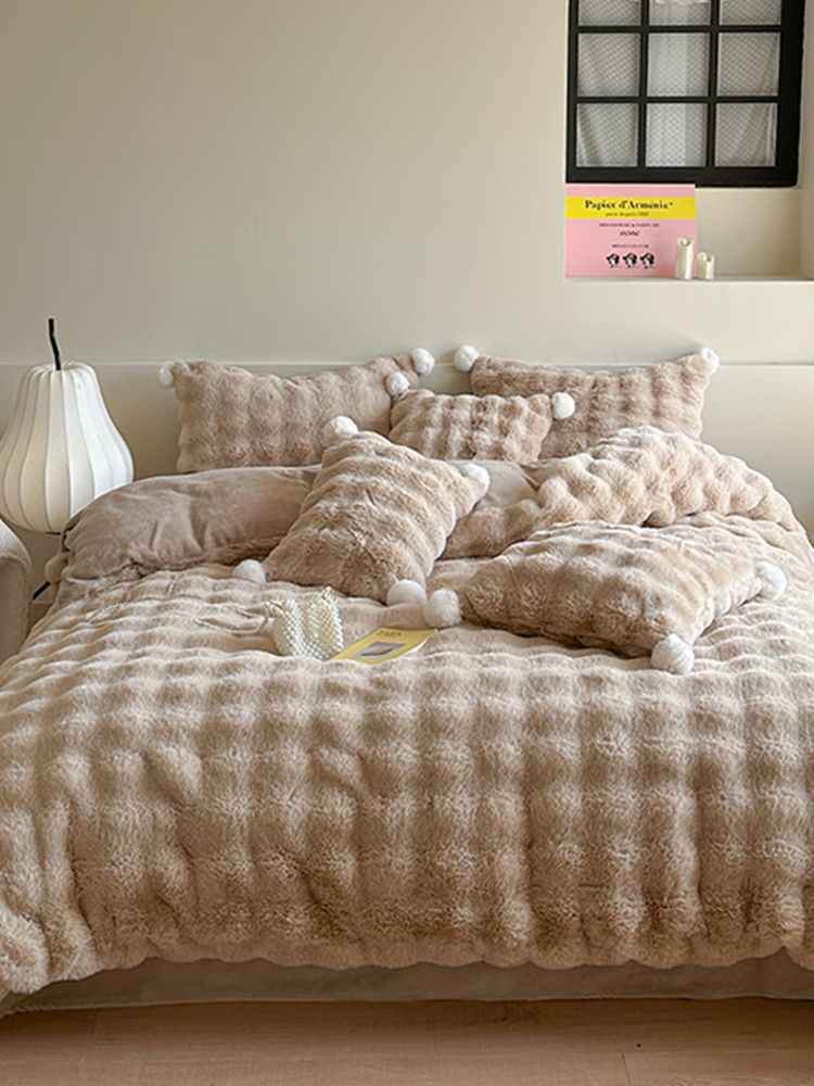 Minimalist Winter Faux Rabbit Fur Bedding Set Flat Sheet