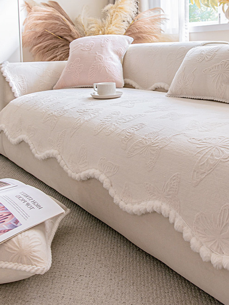 Pink Plush Non Slip Sofa Cover Winter Thickened