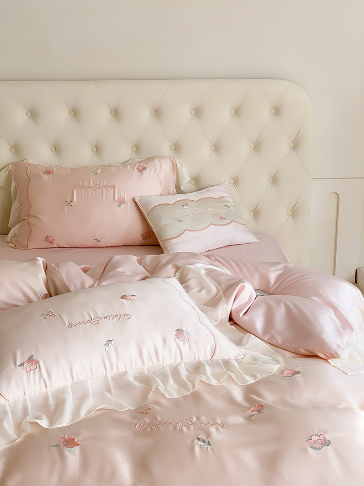 Luxury Tencel Bedding Set Cooling Silky Lace Flat Sheet