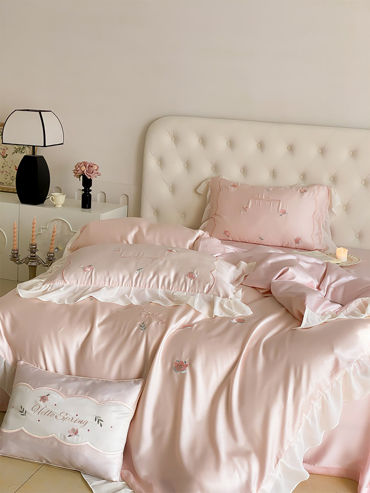 Luxury Tencel Bedding Set Cooling Silky Lace Flat Sheet