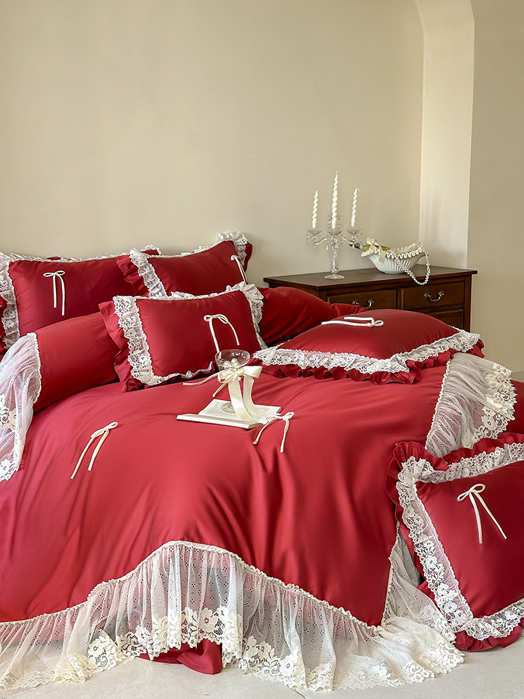 Tencel Cotton Blend Bedding Set Handcrafted Bow Lace Flat Sheet