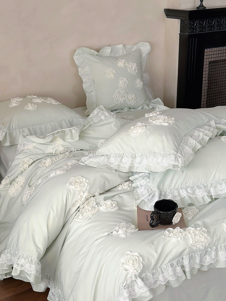 French Romantic Cotton Bedding Set 3D Floral Princess Lace Flat Sheet