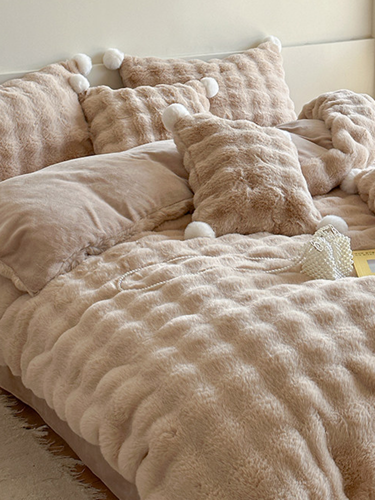 Minimalist Winter Faux Rabbit Fur Bedding Set Flat Sheet