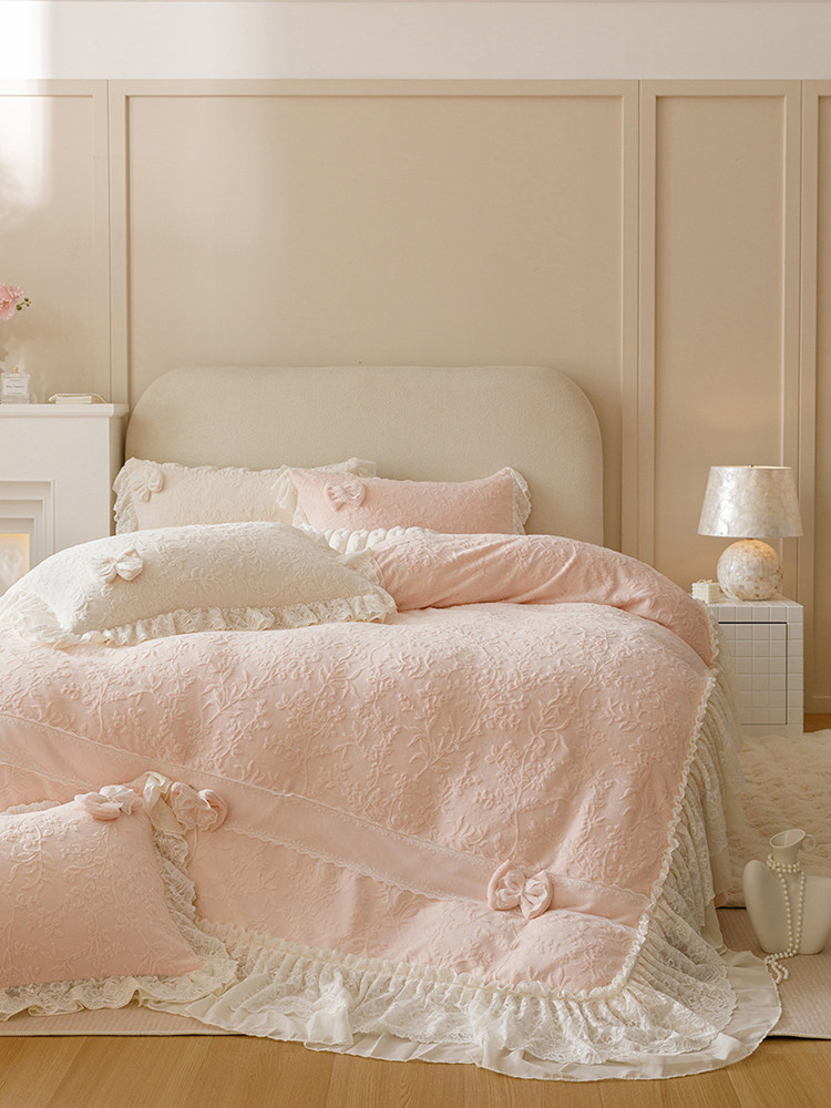 French Winter Ultra Soft Plush Fleece Bedding Set Lace Princess Bed Skirt