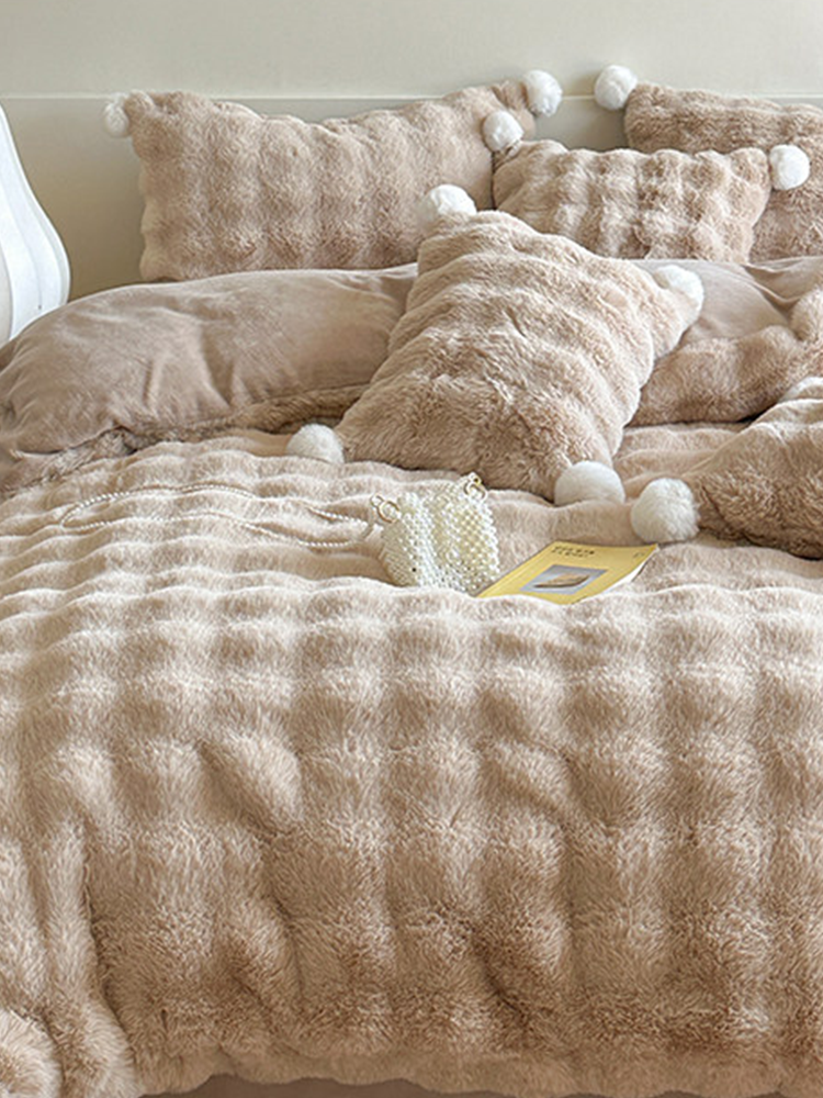 Minimalist Winter Faux Rabbit Fur Bedding Set Flat Sheet