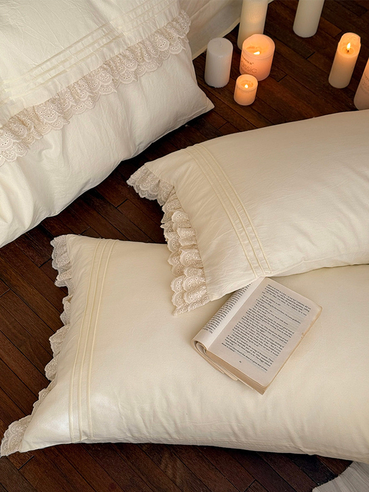 Light Luxury Washed Cotton Bedding Set Elegant Lace Flat Sheet