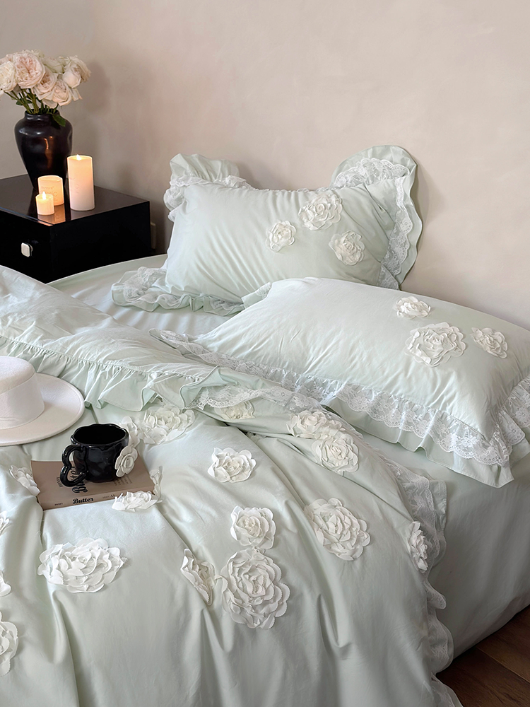 French Romantic Cotton Bedding Set 3D Floral Princess Lace Flat Sheet
