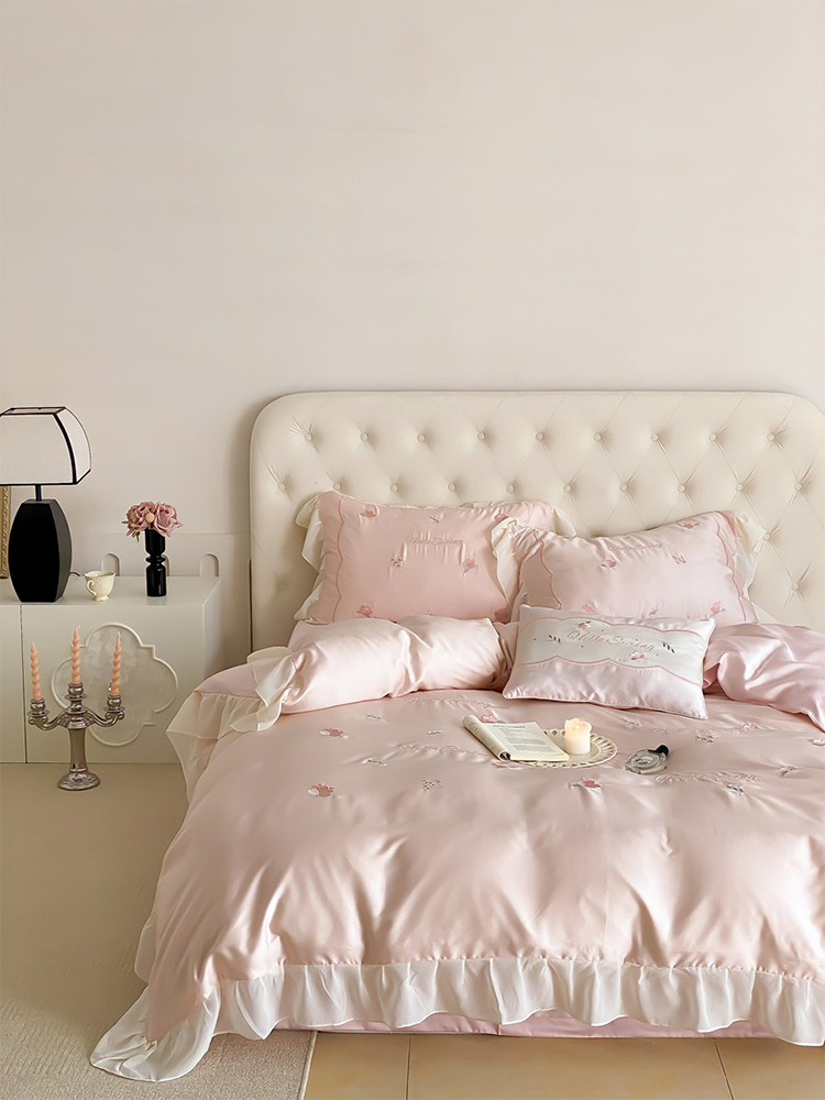 Luxury Tencel Bedding Set Cooling Silky Lace Flat Sheet