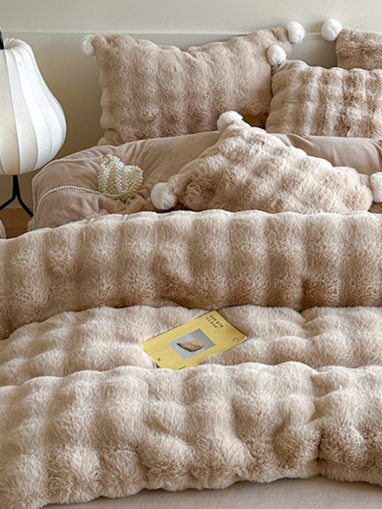 Minimalist Winter Faux Rabbit Fur Bedding Set Fitted Sheet